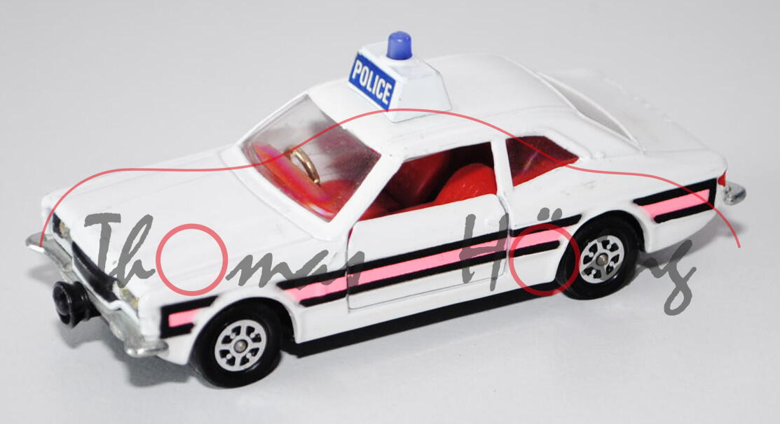 Ford Cortina GXL Police Car, reinweiß, schwarz/rosa Streifen auf den Seiten, POLICE, Türen zu öffnen