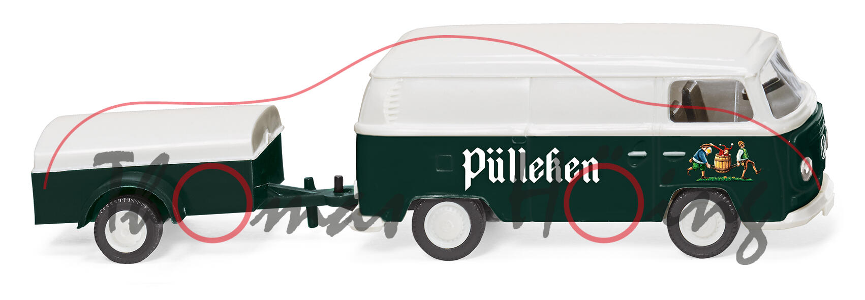 VW Transporter T2a Kastenwagen (Mod. 67-71) mit Anhänger, weiß/grün, Pülleken, Wiking, 1:87, mb