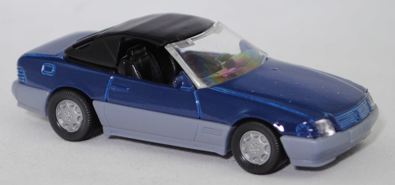 00002 Mercedes-Benz 500 SL mit Verdeck (Hardtop) (R 129, Modell 1989-1992), saphirblau/fehgrau, Scheibe seitlich unlackiert, Heckklappe ohne Stern, Germ, B7, SIKU, 1:55, m
