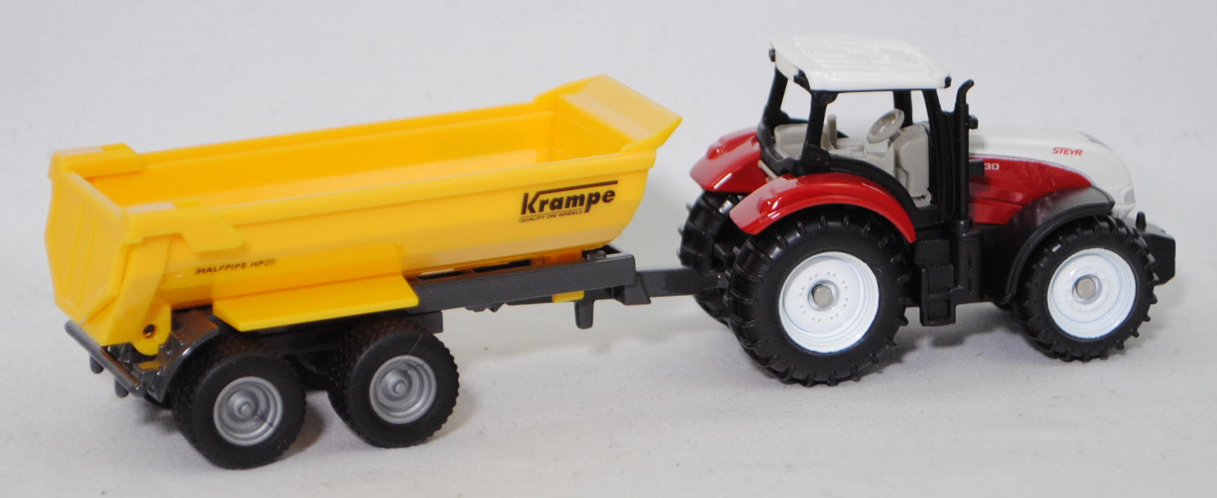 00000 Steyr 6230 CVT ecotech (5. Generation, Modell 2011-2015) mit Krampe Halfpipe Tandem Erdbaukipper HP 20 (Modell 1999-), weiß/rot und gelb/grau, SIKU SUPER, P29f