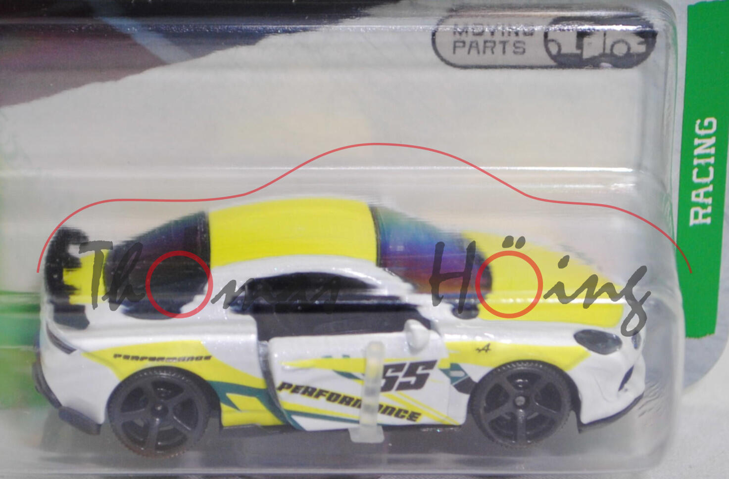 ALPINE A110 R (2. Generation, Typ AEF, Facelift 2021 zum Modelljahr 2022, Modell 2022-) (Nr. 221N), reinweiß, Druck PERFORMANCE / 55, majorette, 1:58, Blister
