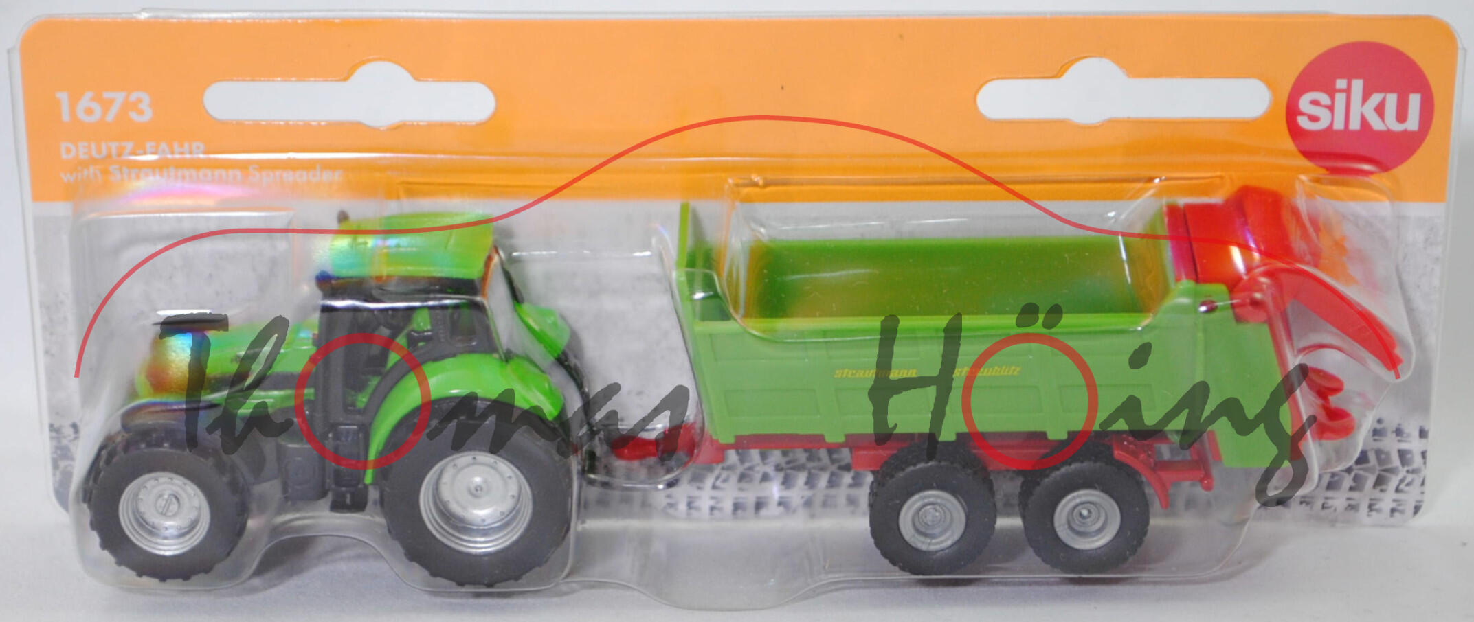 00000 DEUTZ-FAHR Agrotron 265 (MK4, Modell 2003-2007) und Strautmann Streublitz Universalstreuer VS 2004 (Modell 2012-2016), gelbgrün/karminrot, SIKU, P29f