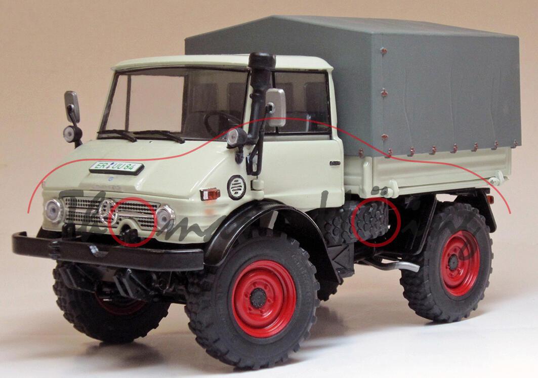 Unimog 406 (U84 / 900) Ganzstahl-Fahrerhaus (Baumuster 406.121, Modell 1971 - 1989) mit Plane, kiese