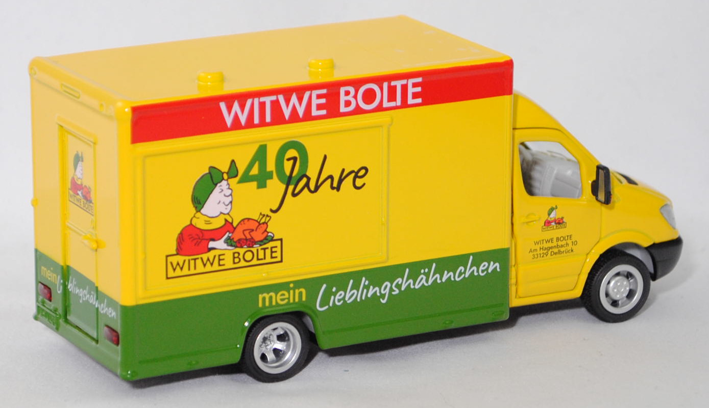 00403 Mercedes-Benz Sprinter II (2. Generation, W 906, Vor-MoPf, Modell 2006-2009) 515 CDI Verkaufswagen, verkehrsgelb, WITWE BOLTE / 40 Jahre, SIKU SUPER 1:50, Werbebox