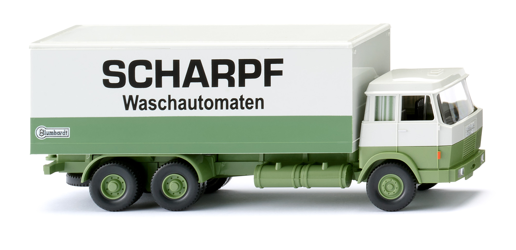 Hanomag-Henschel F 221 LE mSk 6x4 (interne Baureihenbezeichnung 504, Modell 1969-1971) Koffer-LKW, papyrusweiß/hellgrün, SCHARPF / Waschautomaten, Wiking, 1:87, mb