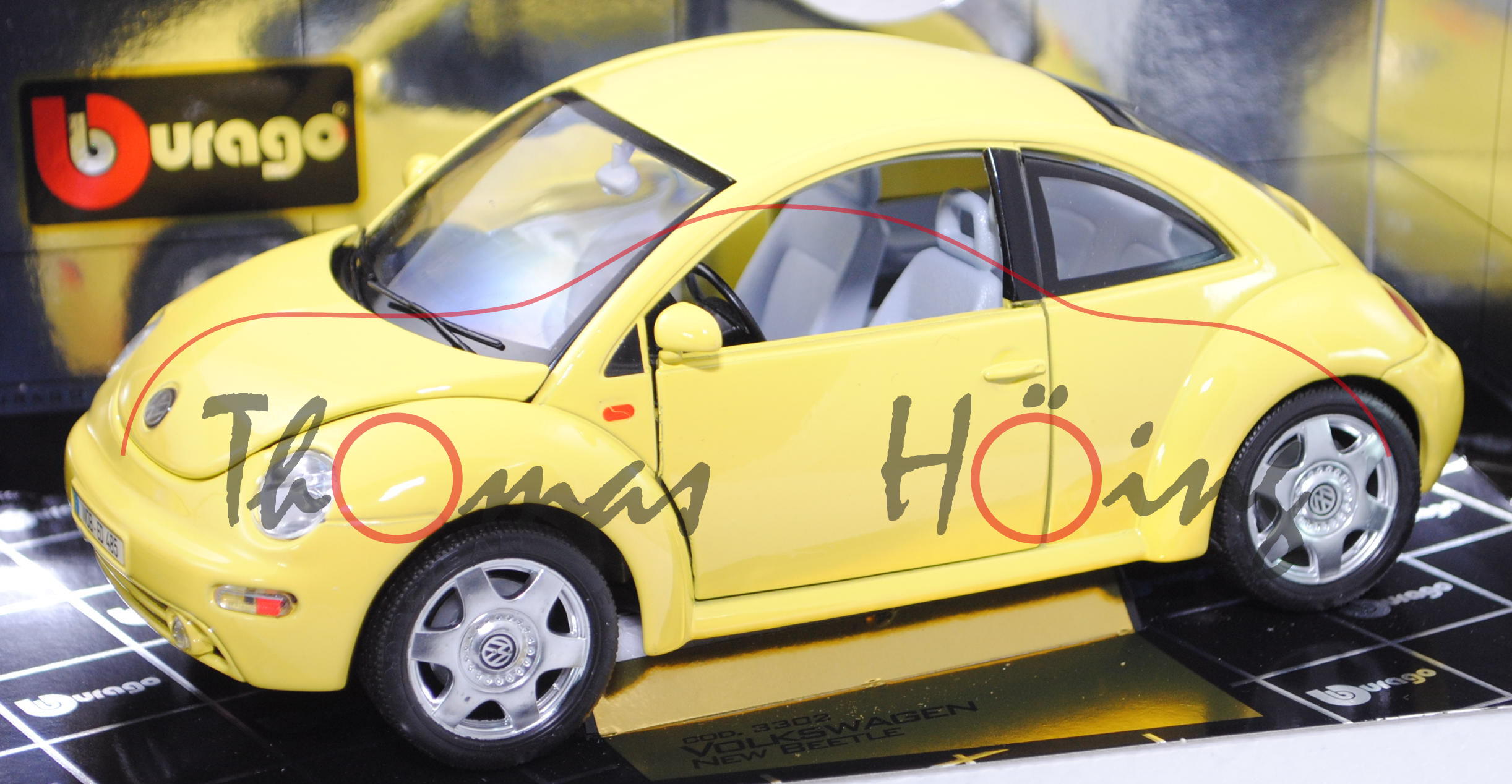 VW New Beetle (Typ 9C, Modell 1998-2005, Baujahr 1998), schwefelgelb, Bburago, 1:18, mb