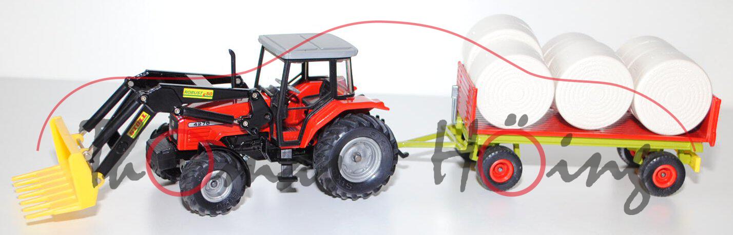 Massey Ferguson 4270 mit Frontlader STOLL ROBUST F 50 und Rundballenanhänger, verkehrsrot/schwarz un