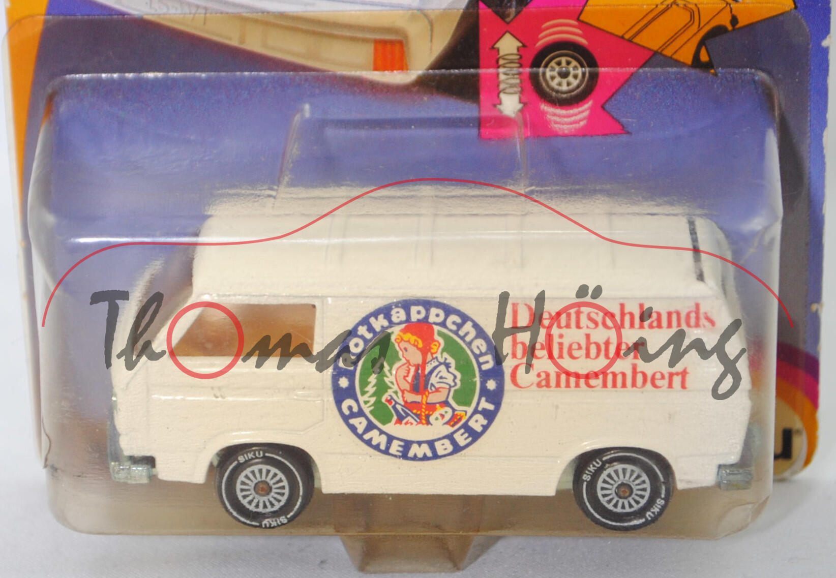 VW Transporter Kastenwagen (T3, Modell '80, Modell 1979-1982), cremeweiß, Rotkäppchen / CAMEMBERT / Deutschlands / beliebter Camembert, R11, SIKU, 1:60, P21 vergilbt (Limited Edition)
