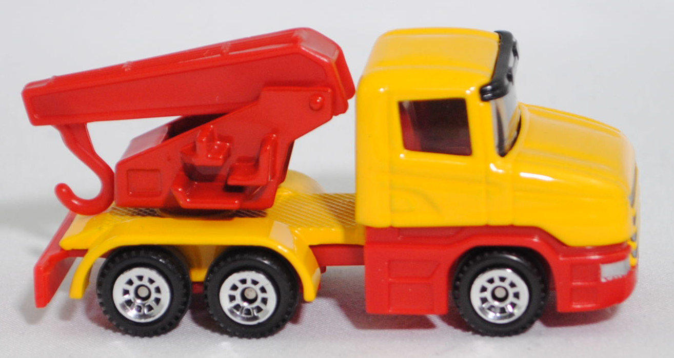 00004 Scania T114GB 6x4 NZ 340 (Serie 4, Fahrerhaustyp CT14, Modell 1995-1998) Abschleppwagen, gelb, Ausleger mit Abschlepphaken rot, C1 chrom, SIKU SUPER, 1:86, m