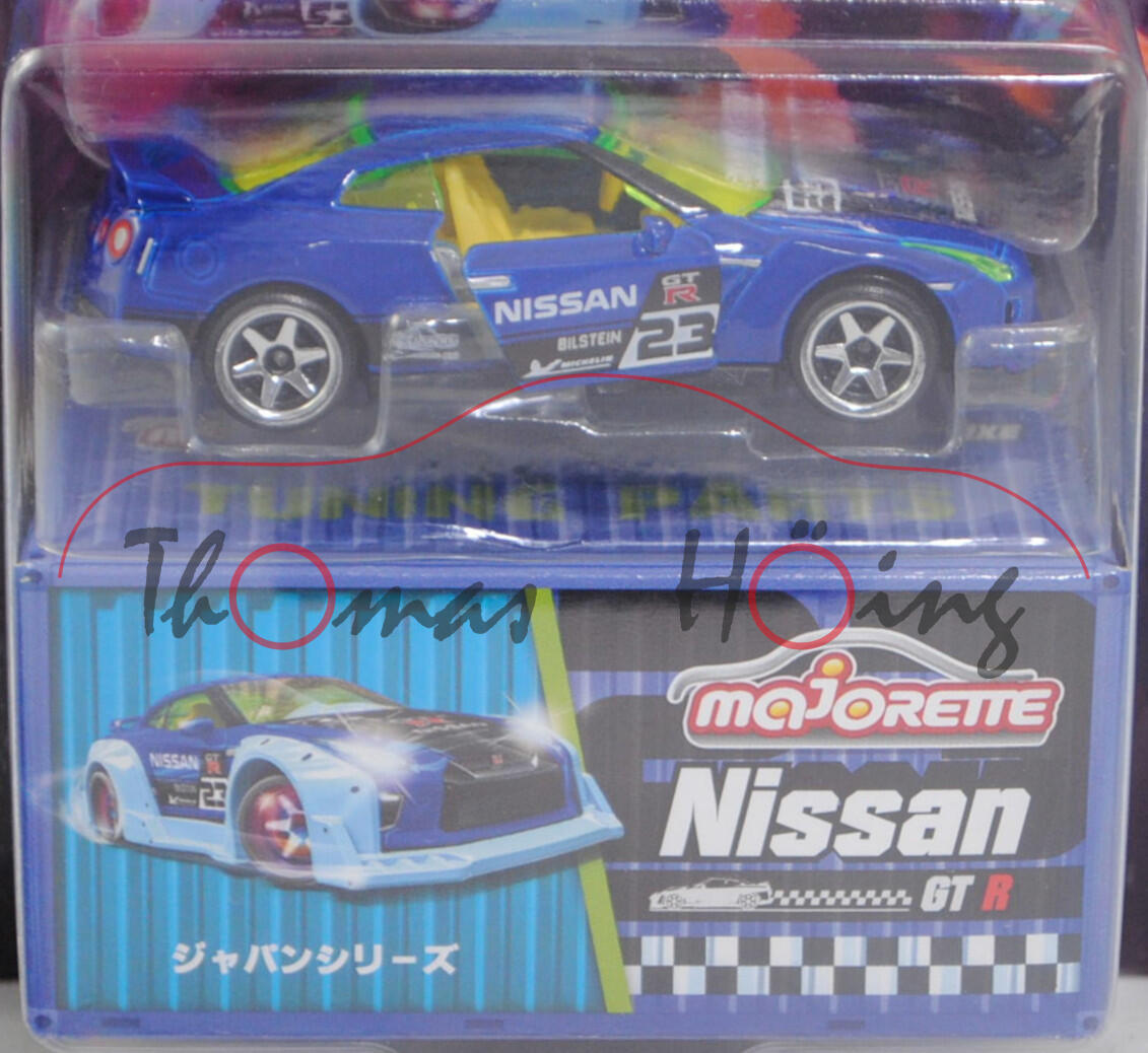 Nissan GT-R (R35 Mk4, Modell 2016-2019), ultramarinblau, Beilage: Tuning-Teile, majorette, 1:61, mb