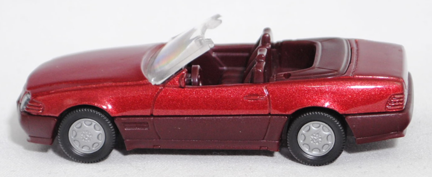 00000 Mercedes-Benz 500 SL (R 129, Modell 1989-1992), purpurrotmetallic, Stern im Kühlergrill und Scheibe seitlich unlackiert, Heckklappe ohne Stern, Germ, B7, SIKU, 1:55, m