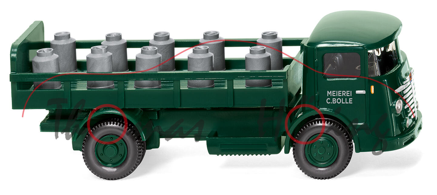Büssing Typ 4500 U (Mod. 53-55) Pritschen-LKW Milchwagen, grün, MEIEREI / C. BOLLE, Wiking, 1:87, mb