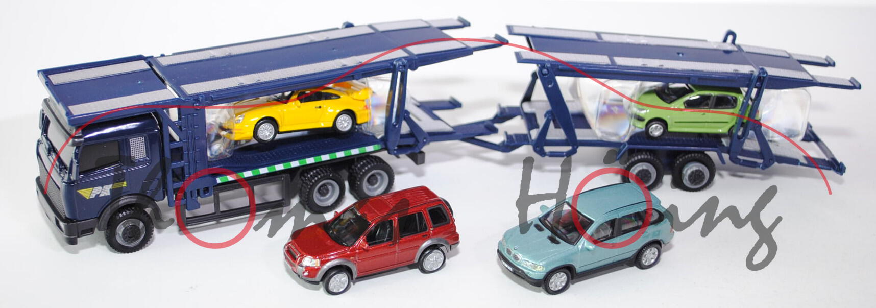 Autotransporter mit Porsche 911 GT3, BMW X5, Peugeot 206 und Land Rover, Cararama, 1:72, mb