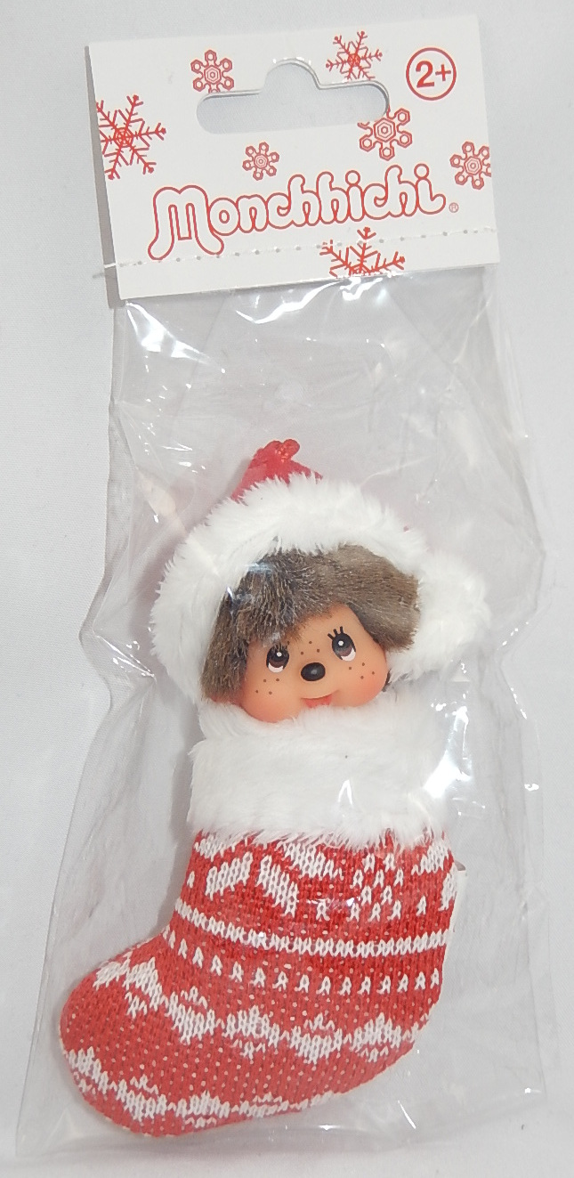 Monchhichi Xmas (Christmas) Ornaments Assortment Santa Claus (Monchhichi Weihnachtsschmuck Weihnachtsmann im rot/weißen Socken als Anhänger), 10 cm groß, Sekiguchi