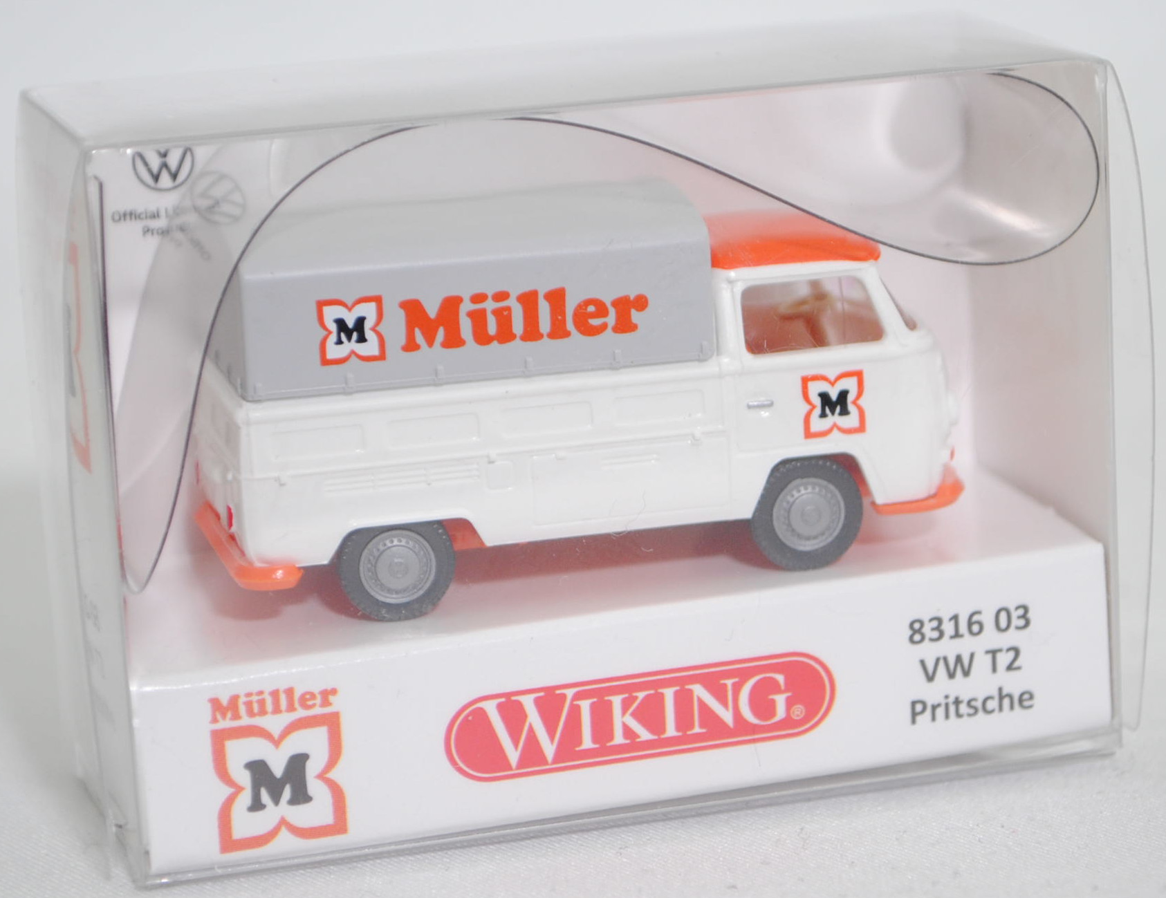 VW Transporter T2 Pritschenwagen mit Plane (Typ 2 T2a bzw. Typ 2 Transporter 2a, Modell 1967-1971), reinweiß/reinorange, Müller, Wiking, 1:87, mb (Limited Edition)