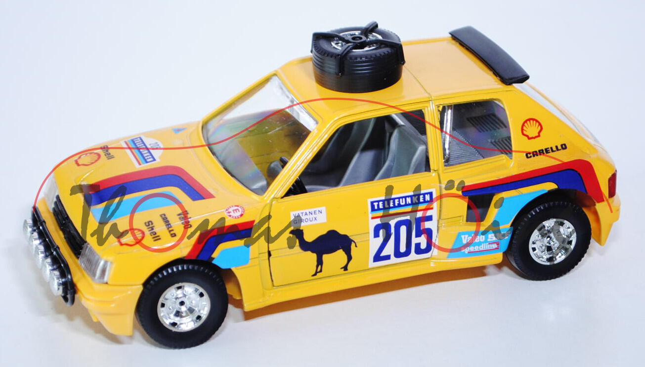 Peugeot 205 Turbo 16 Safari, Modell 1987, signalgelb, Shell-Logo / CAMEL-Logo / TELEFUNKEN / Valeo /