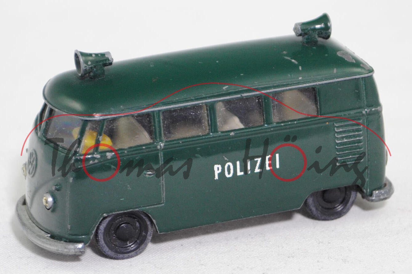 00002 VW Transporter Kombi 1200 (Typ 2 T1, Modell 1961-1962) Polizei-Lautsprecherwagen, grün, innen weiß, Lenkrad gelb, Hohlnieten, R1, SIKU, 1:61, m-