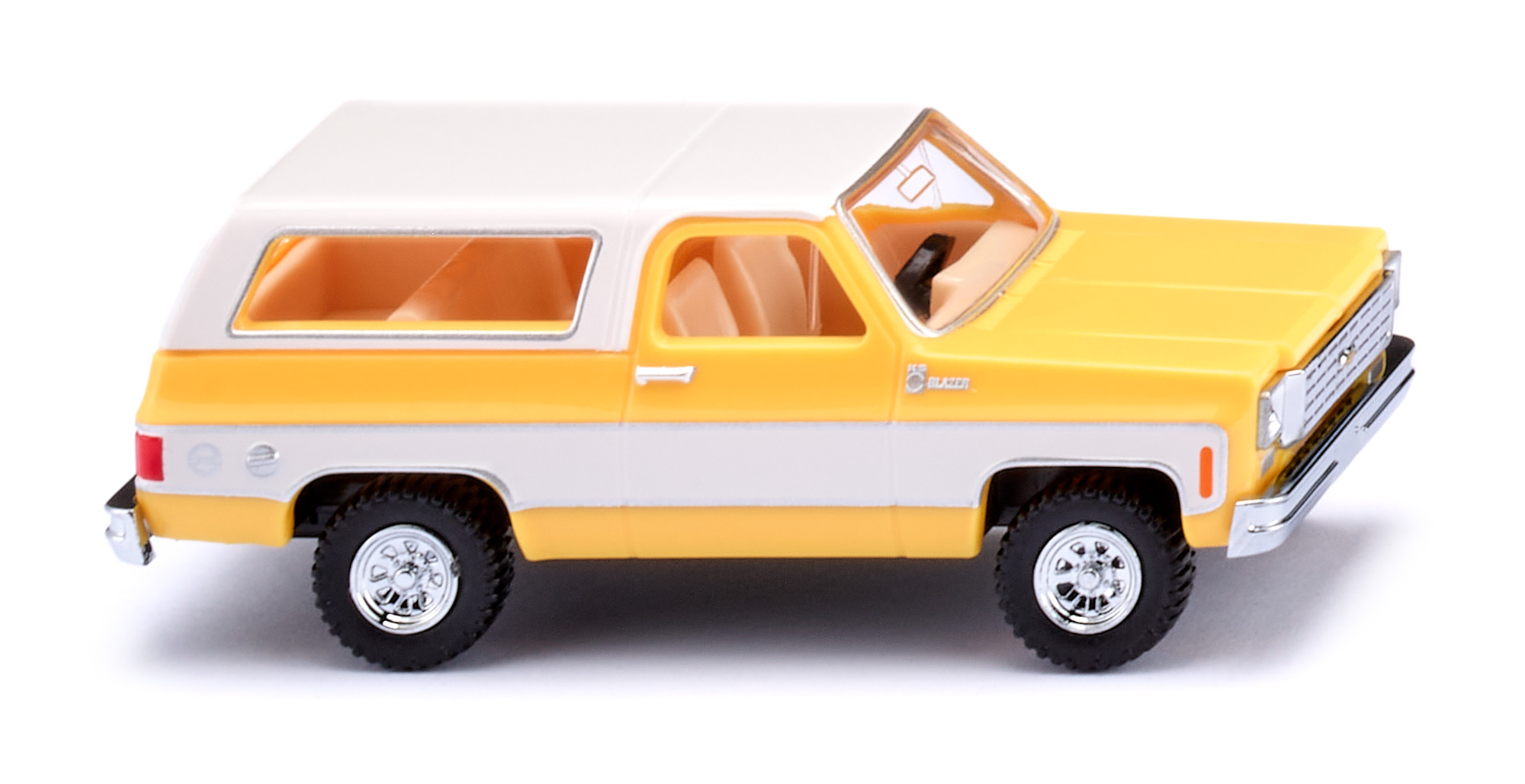 Chevrolet K5 Blazer (2. Generation, Facelift 1975 zum Modelljahr 1976, Modell 1975-1976), Karosserie zinkgelb, Streifen in reinweiß auf den Seiten, Wiking, 1:87, mb