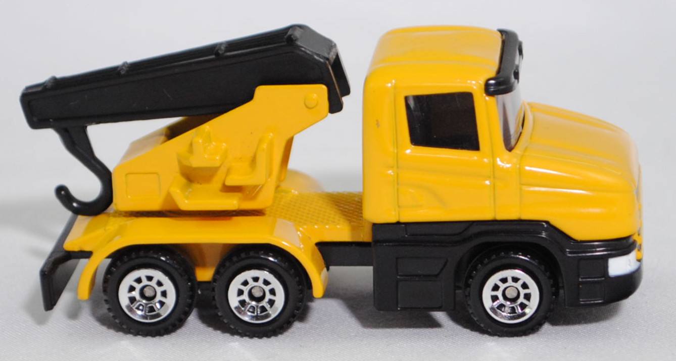 00003 Scania T114GB 6x4 NZ 340 (Serie 4, Fahrerhaustyp CT14, Modell 1995-1998) Abschleppwagen, gelb, Ausleger mit Abschlepphaken schwarz, C1 chrom, SIKU SUPER, 1:86, m