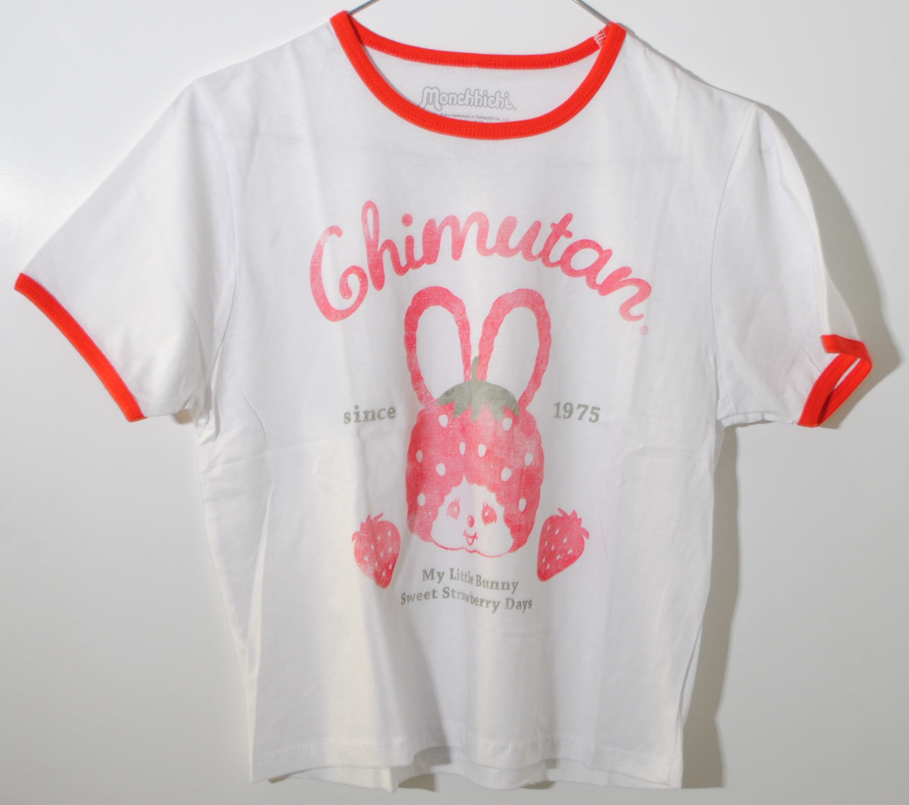 Monchhichi Fashon - T-Shirt white/red faded print (Monchhichi Fashon T-Shirt weiß/rot), Chimutan® / since 1975 / My Little Bunny / Sweet Strawberry Days, Größe M, 100% Cotton, Sekiguchi