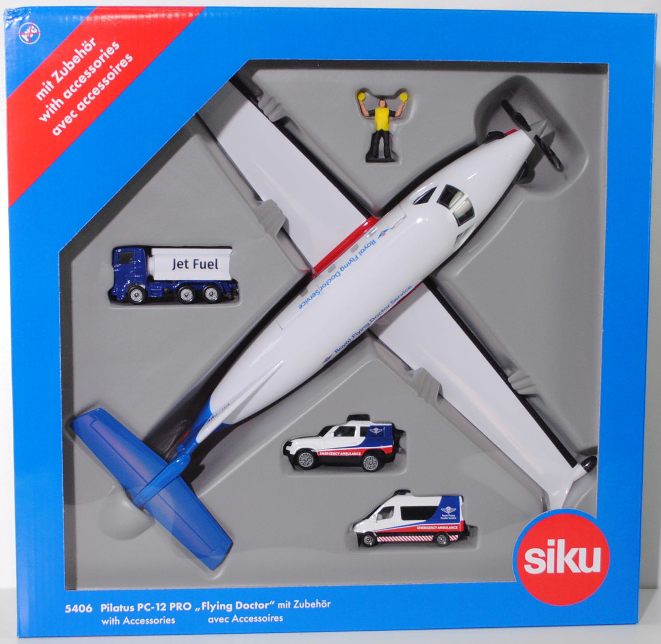 00000 Pilatus PC-12 PRO + Land Rover Defender 90 S P400 AWD Ambulance + Mercedes-Benz Sprinter II Ambulance + Scania R380 Tankwagen + Flight Line Marshaller, SIKU SUPER, L16nmpK