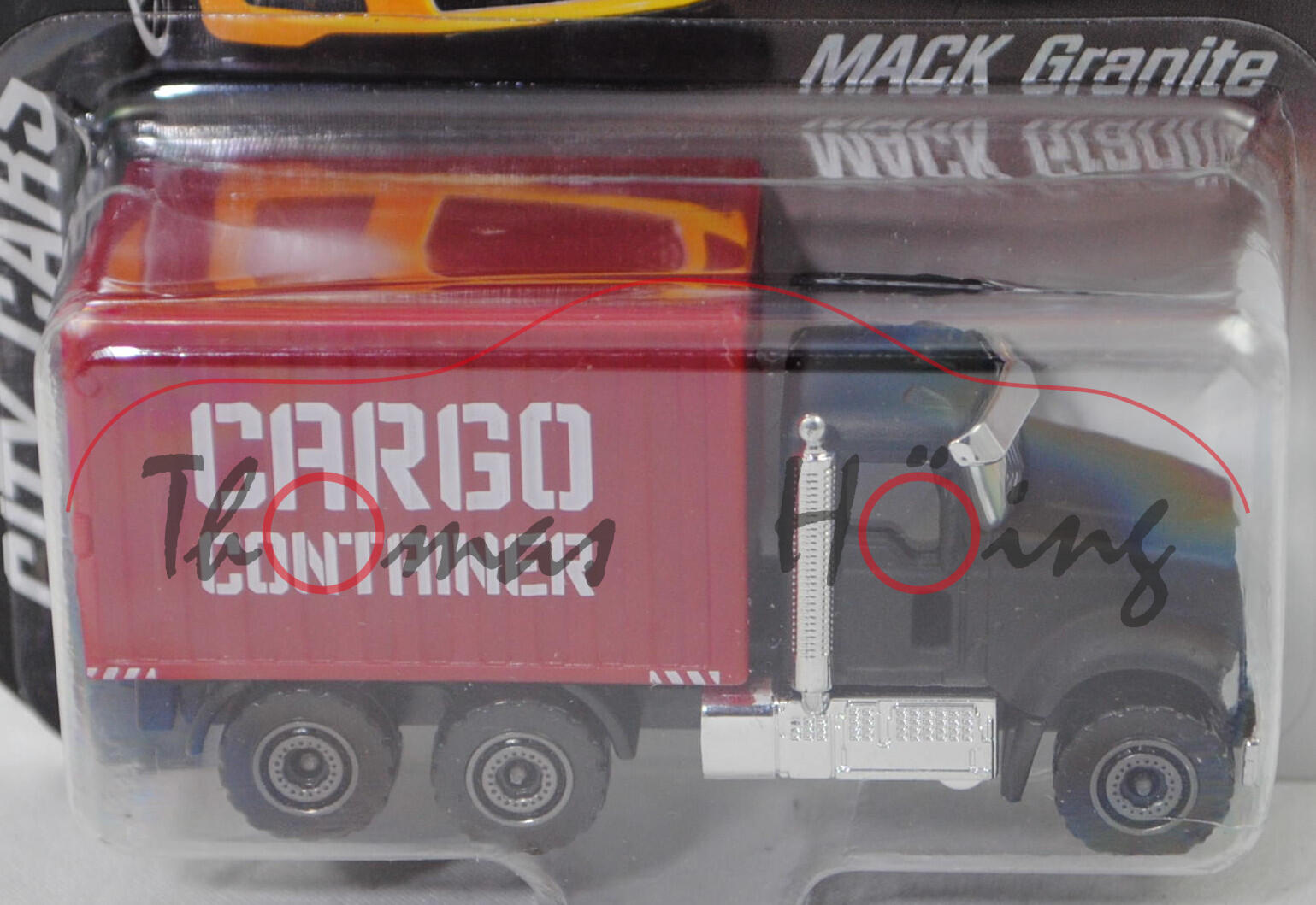 MACK Granite (2. Gen., Mod. 19-) LKW mit Container (Nr. 289B), mattschwarz, majorette, 1:87, Blister