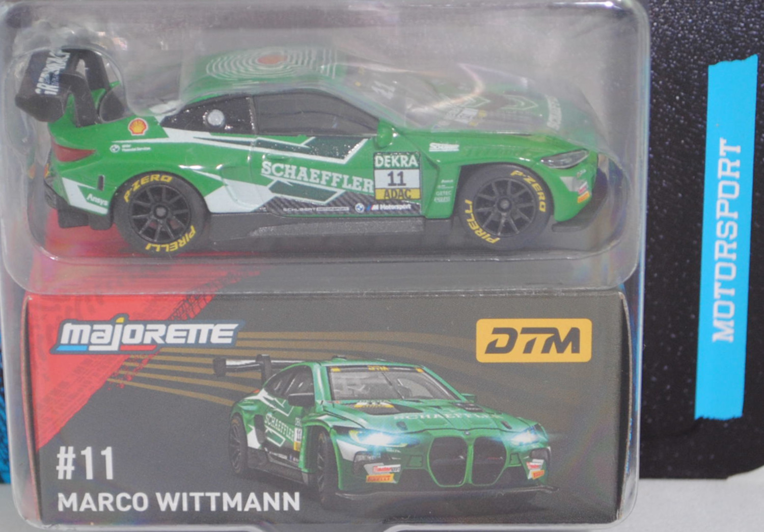 BMW M4 GT3 EVO (G82, Homologationsnummer GT3-053, Modell 2024-) (Nr. 257I), grün/weiß, DTM 2025, Marco Wittmann, Nr. 11, Schubert Motorsport, majorette, 1:65, Blister