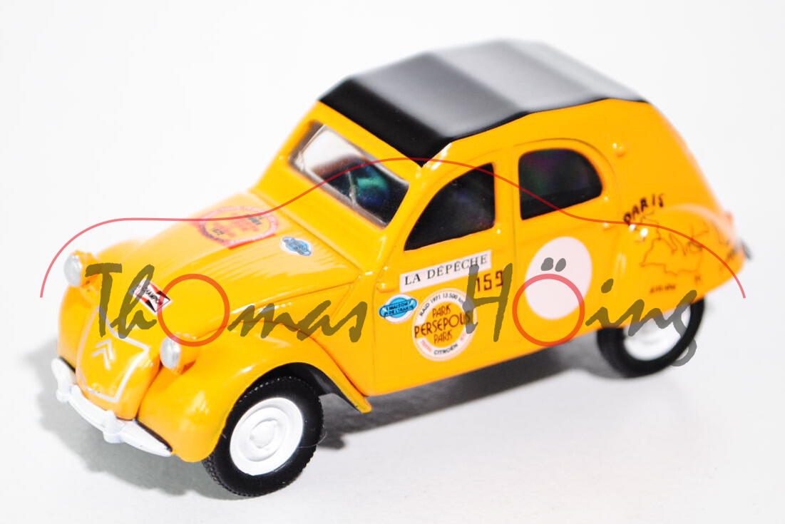 Citroen 2CV, melonengelb, Dach schwarz, Rallye Paris-Persepolis-Paris 1971, Nr. 159, 1:54, Norev, mb