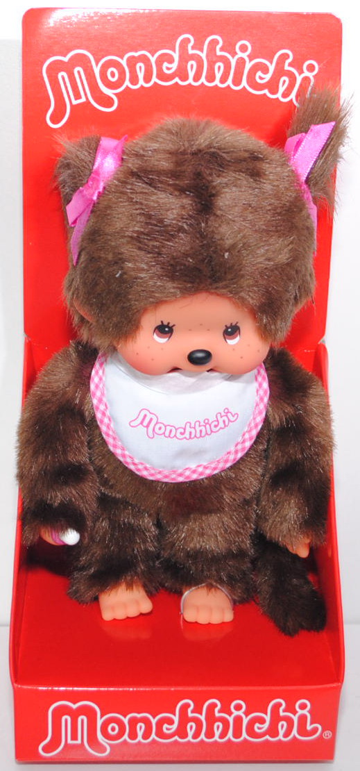 Monchhichi Standard Twin Tail Girl (Mädchen mit pink/grauem Latz), 20 cm groß, Sekiguchi