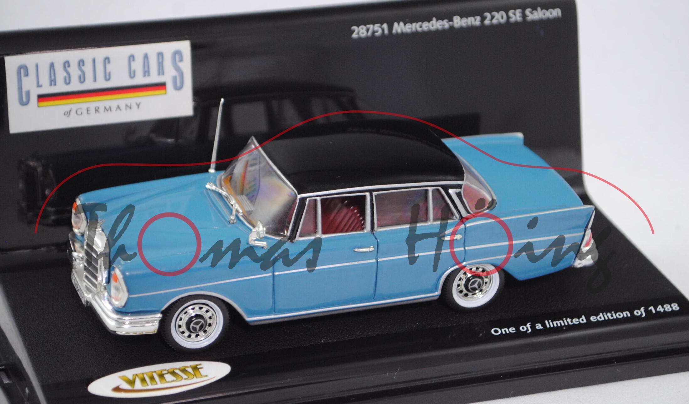 Mercedes-Benz 220 SEb (W 111/3, Modell 1959-1965), mittelblau, Dach schwarz, VITESSE, 1:43, PC-Box