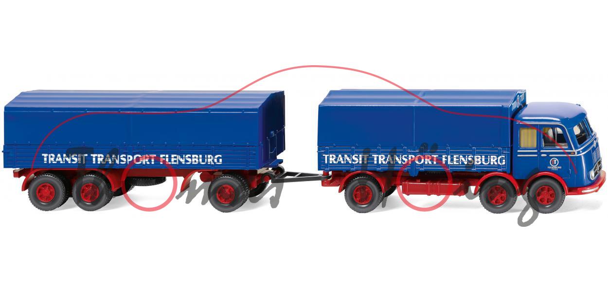 MB LP 333 (Mod. 58-61) Pritschenhängerzug, blau, TRANSIT TRANSPORT FLENSBURG, Wiking, 1:87, mb