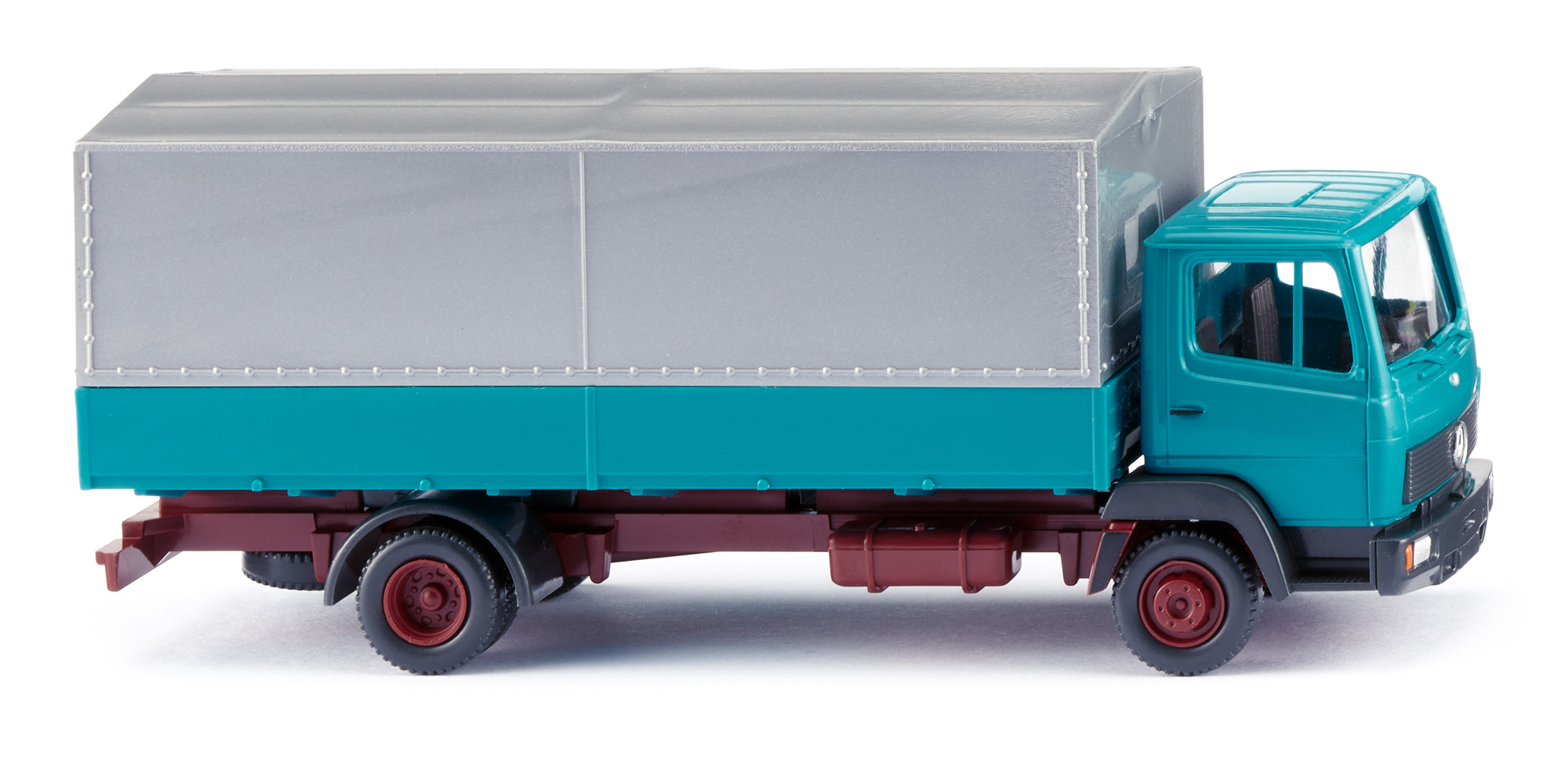 Mercedes-Benz 814 4x2 (Baureihe LK, LN2, Standard-Fahrerhaus, Vor-MoPf, Modell 1984-1988) Pritschen-LKW, türkis, Plane silber, Wiking, 1:87, mb