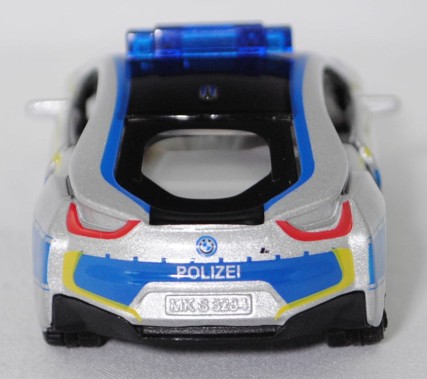 00001 BMW i8 Coupé LCI (1. Generation, I12, Facelift 2018, Modell 2018-2020) Polizei, silber, POLIZEI, Streifen in schwefelgelb/hell-signalblau, SIKU SUPER, 1:50, L17mpK