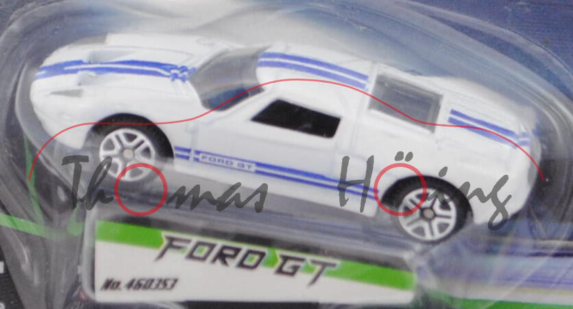 Ford GT (Mod. 2004-2006), weiß, lackierte RACING Streifen - blau, JAMARA STREET KINGS 1:64, Blister