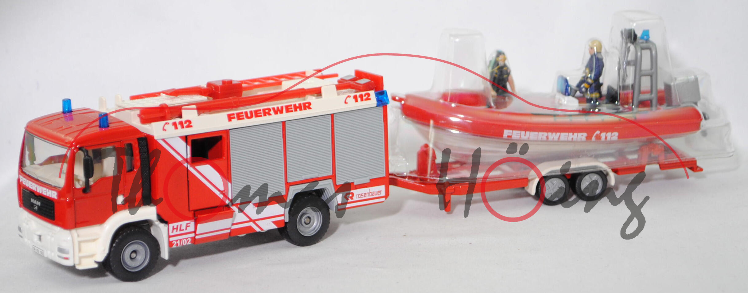 00000 HLF 20 MAN TGA mit Anhänger und Boot, FEUERWEHR, SIKU, 1:55, L17P (Kunststoff vergilbt)