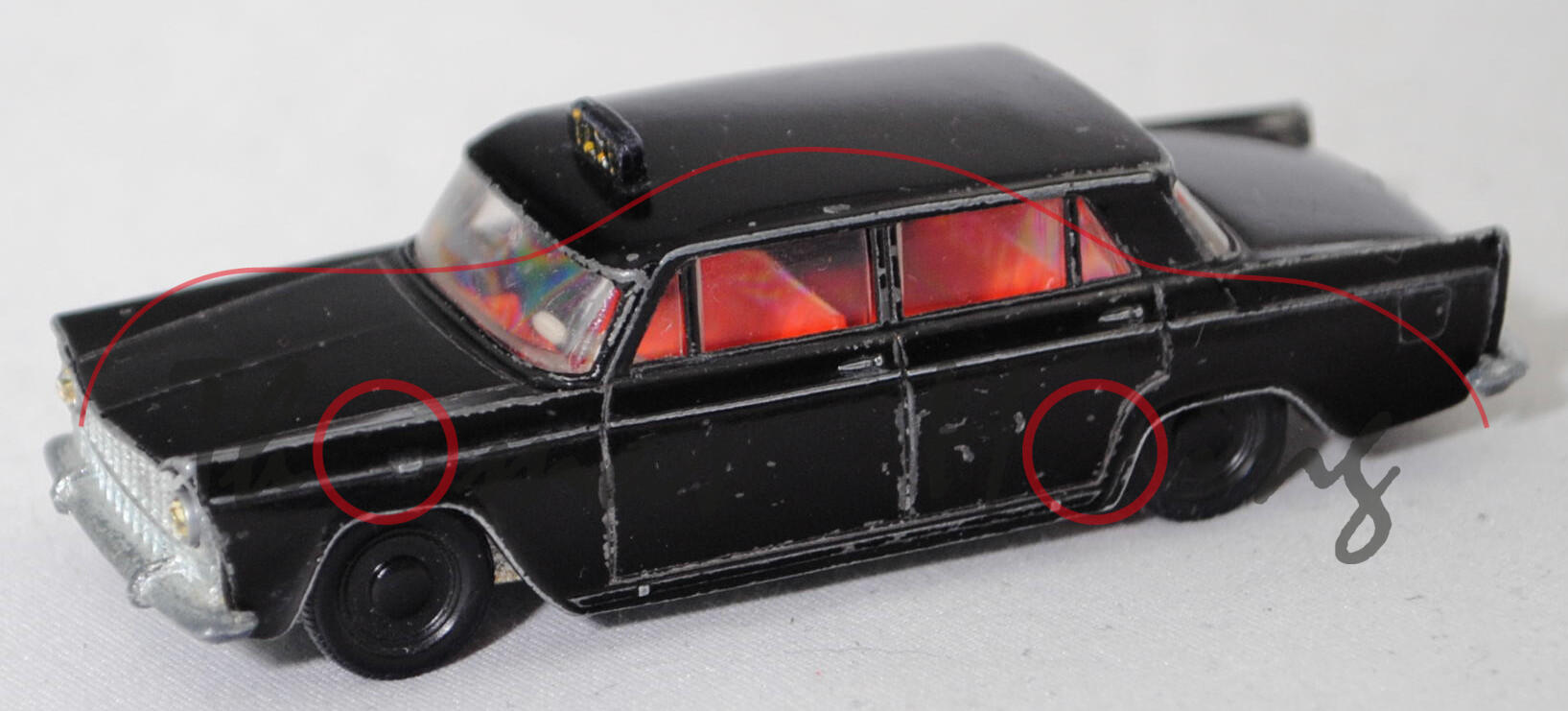 00003 Fiat 1800 B (2. Gen., Typ 112, Mod. 1961-1963) Taxi, schwarz, innen rotorange, Lenkrad cremeweiß, Rückleuchten weg, R1, SIKU (V-SERIE), 1:59, vsc