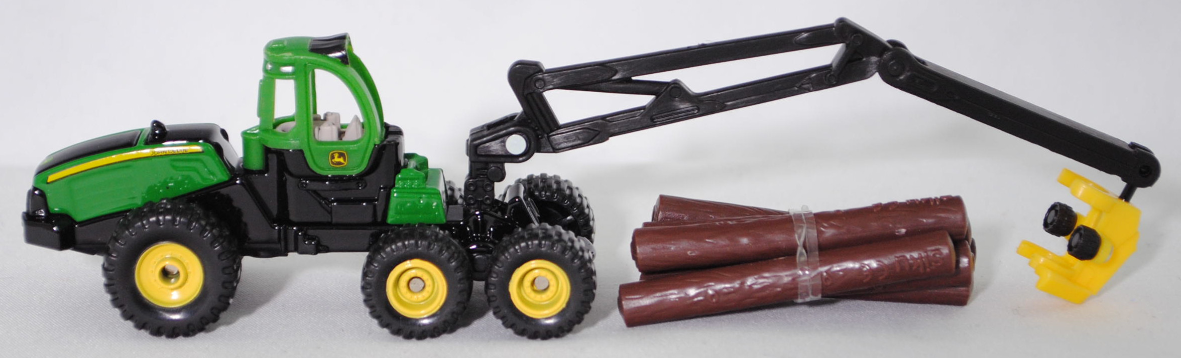 00000 John Deere 6-Rad-Harvester 1470E (Modell 2009-2013), hell-smaradgrün/schwarz, Zubehör: 6 Baumstämme in mahagonibraun, SIKU SUPER, 1:87, P29f