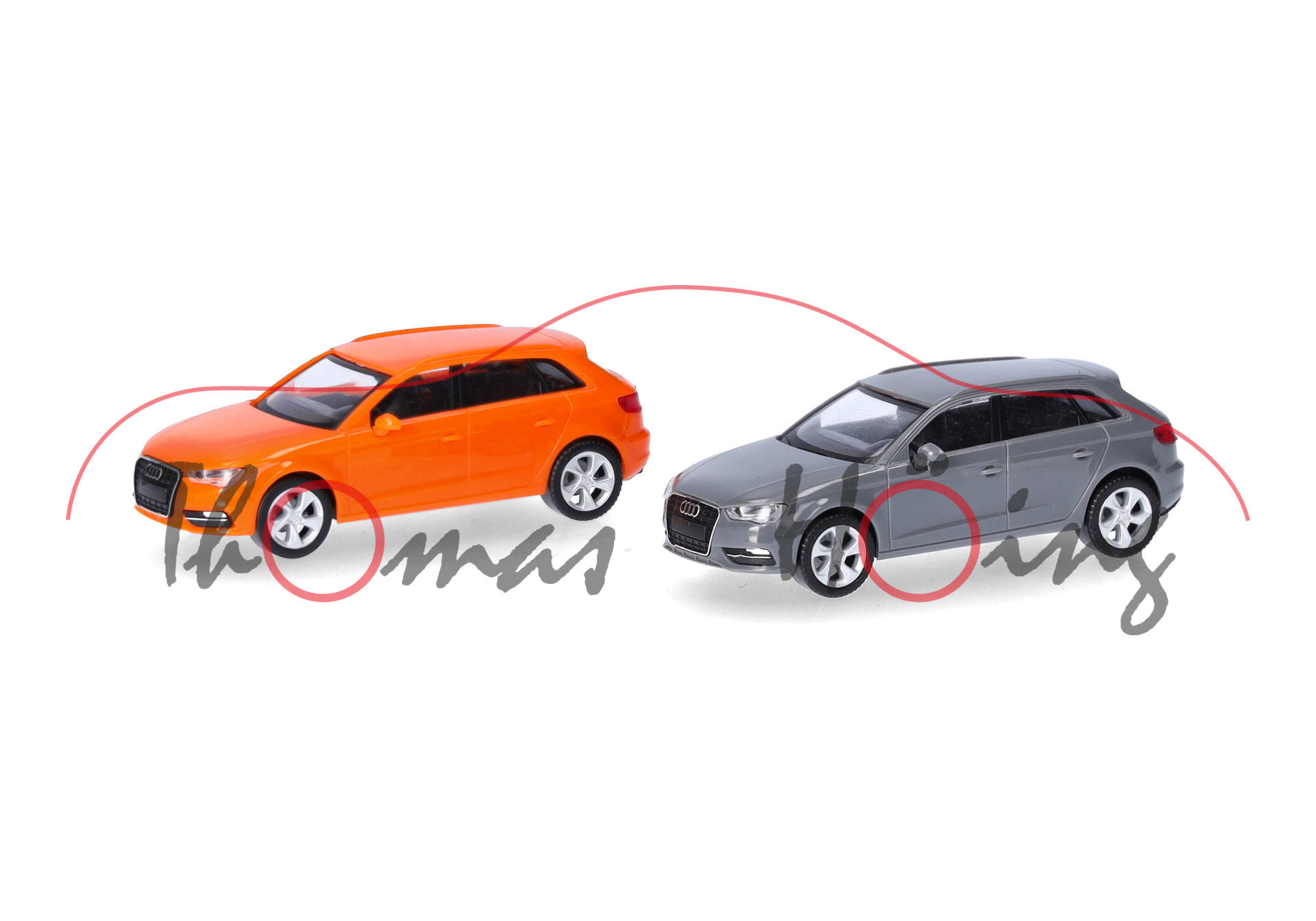 2 Stück Audi A3 Sportback Ambiente (3. Generation, Typ 8VA, Vorfacelift, Modell 2013-2016), glutorange (LY2G) und nardograu (LY7C), Herpa MINIKIT, 1:87, mb (Bausatz)