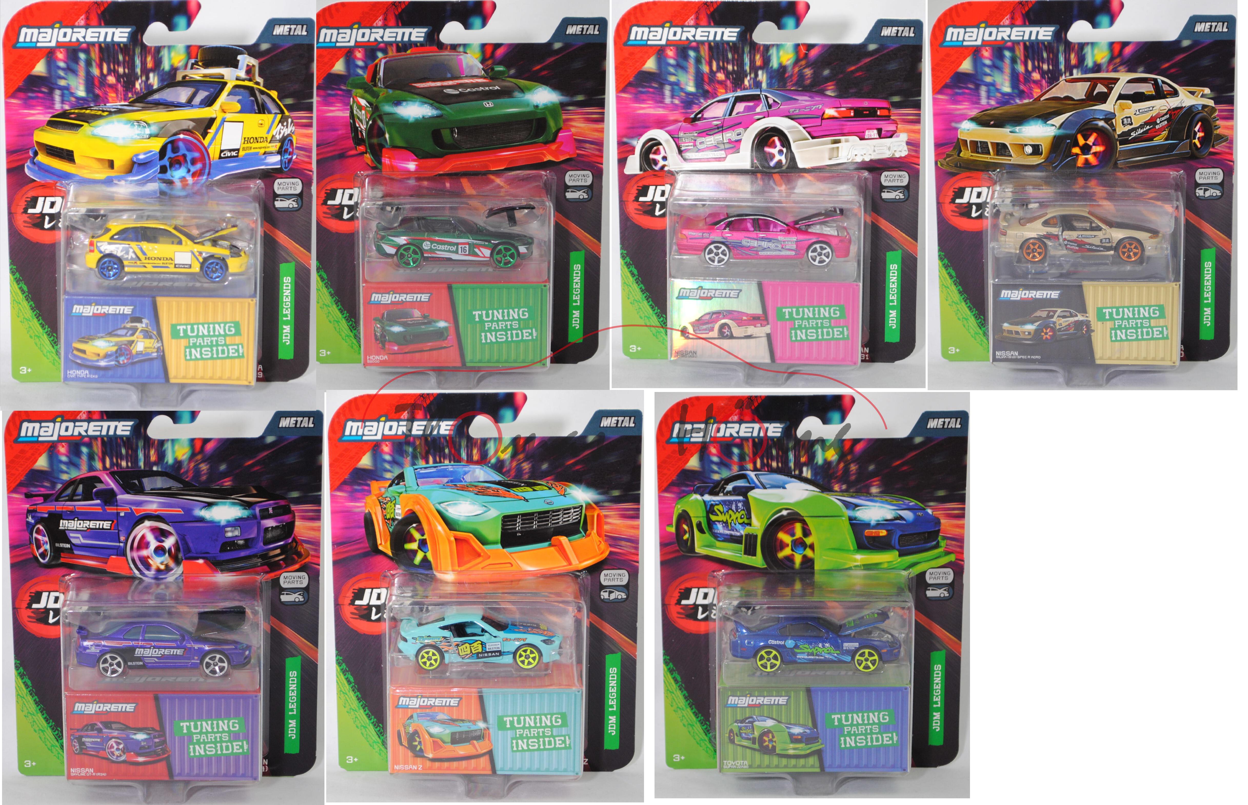 Set JDM Legends (7 Modelle): Honda Civic Type R + Honda S2000 + NISSAN Cefiro 2.5 A31 + NISSAN Silvia spec-R AERO + Nissan Skyline GT-R + Nissan Z + Toyota Supra RZ , majorette, Blister