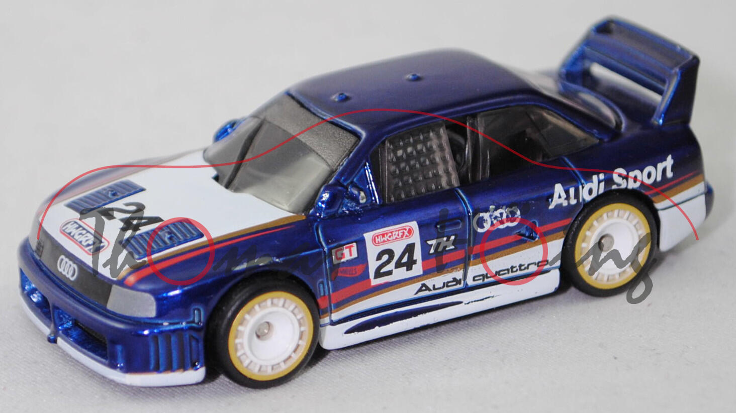 Audi 90 quattro IMSA-GTO 1989 (R5, Modell 1989), kobaltblaumetallic, Startnummer 24, Hot Wheels, 1:63, mb (Treasure Hunt, Lackfehler)