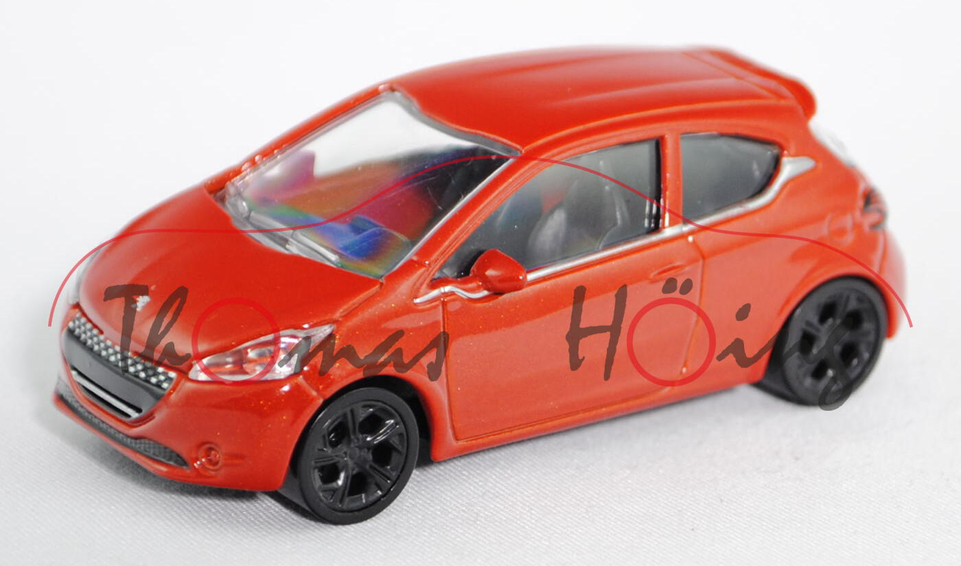 Peugeot 208 (Typ Dreitürer, Modell 2012-), tomatenrotmetallic, Felgen schwarz, ca. 1:59, Norev SHOWR