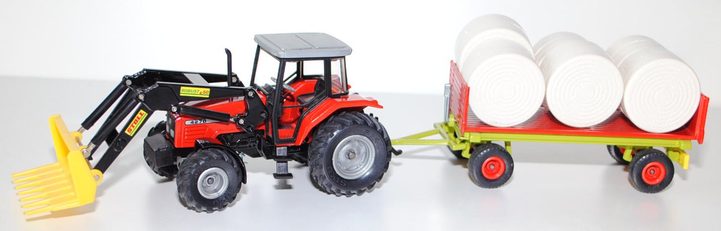 Massey Ferguson 4270 mit Frontlader STOLL ROBUST F 50 und Rundballenanhänger, verkehrsrot/schwarz un