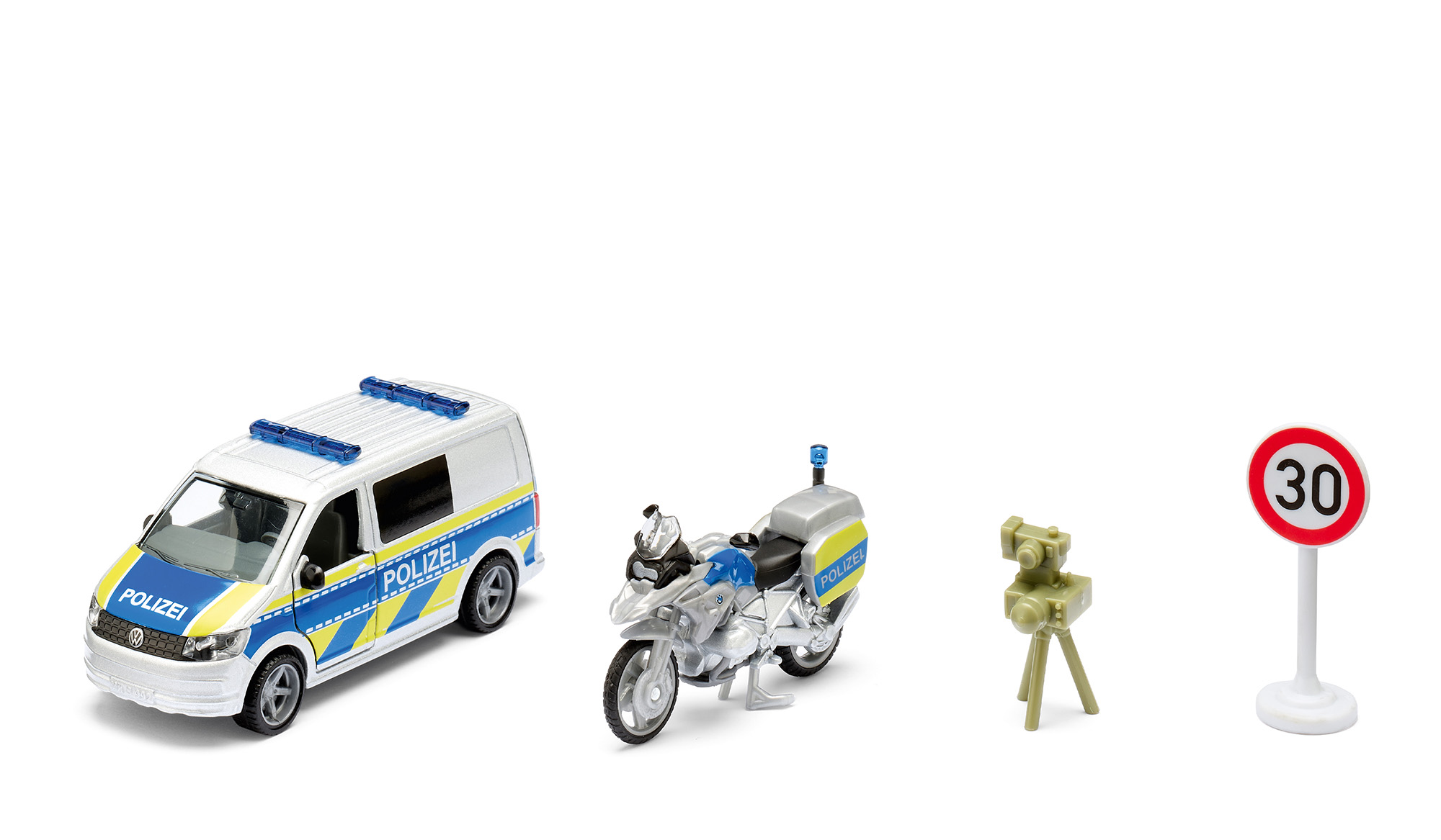 00000 VW T6 Transporter Kastenwagen 2.0 TSI (Modell 2015-2019) Polizei mit BMW R 1250 GS LCI (Modell 2020-2023) Polizei Motorrad und Zubehör, silber, SIKU SUPER 1:50, L17mpK