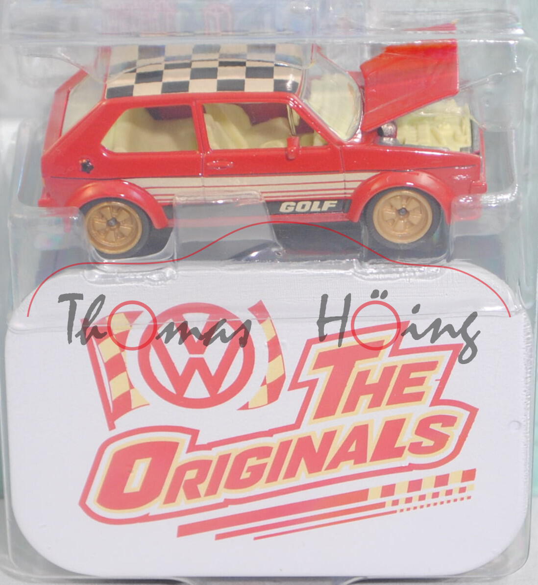 VW Golf I GTI (Typ 17, Mod. 76-78) Rallye Gruppe 2, rot, m. Sammelblechbox, majorette, 1:52, Blister