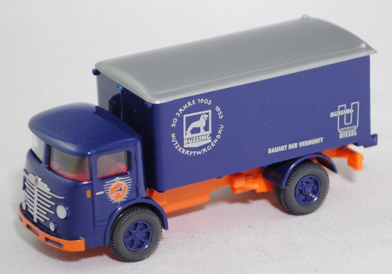 Büssing Typ 4000 (Modell 1953-1955) Koffer-LKW, kobaltblau, Heinrich Büssing - Technik und Geschichte e.V. / 50 JAHRE 1903 1953 NUTZKRAFTWAGENBAU, Wiking, 1:87, Werbebox