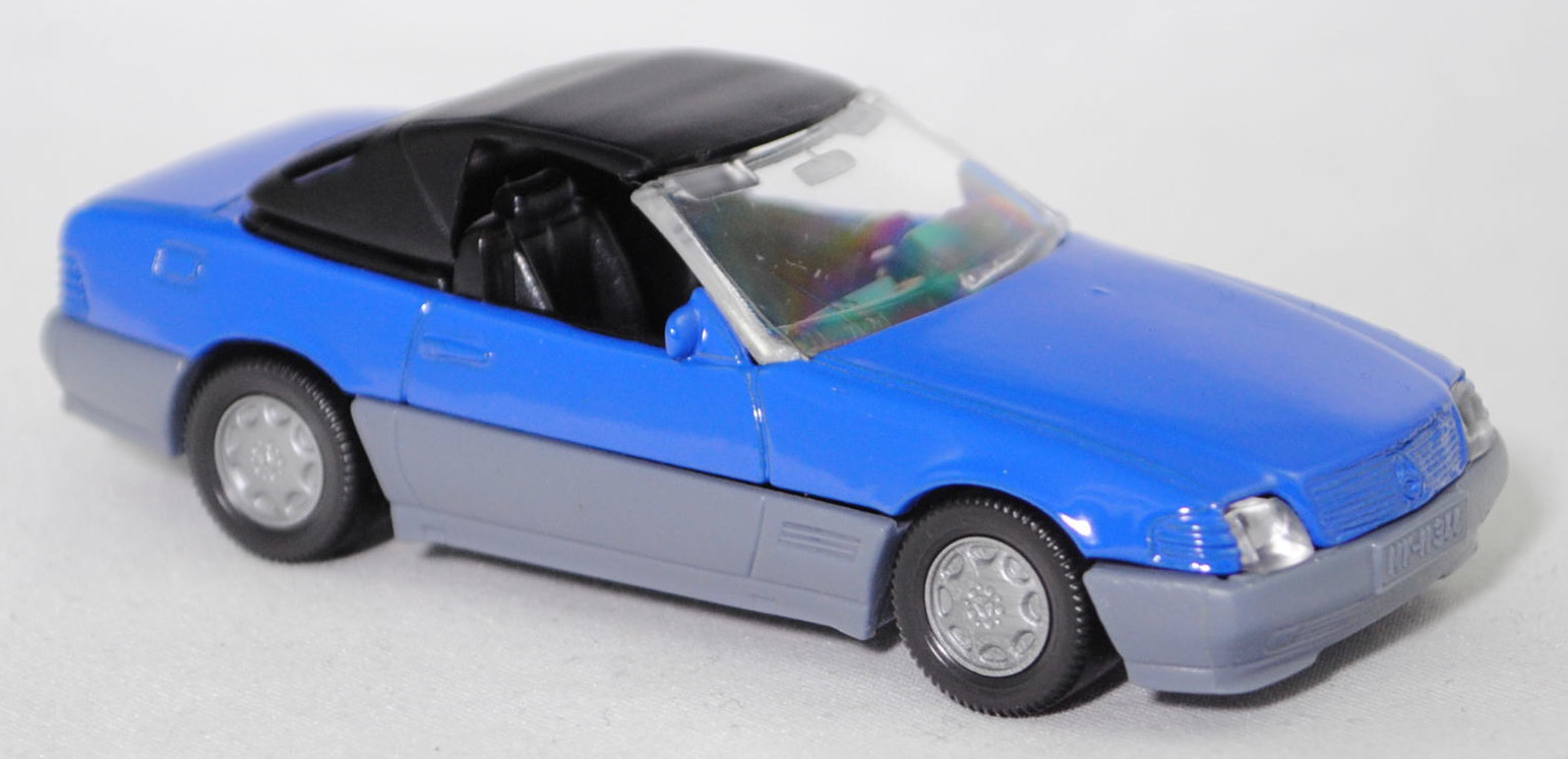 00001 Mercedes-Benz 500 SL mit Verdeck (Hardtop) (R 129, Modell 1989-1992), hell-enzianblau/fehgrau, Scheibe seitlich unlackiert, Heckklappe ohne Stern, Germ, B7, SIKU, 1:55, m