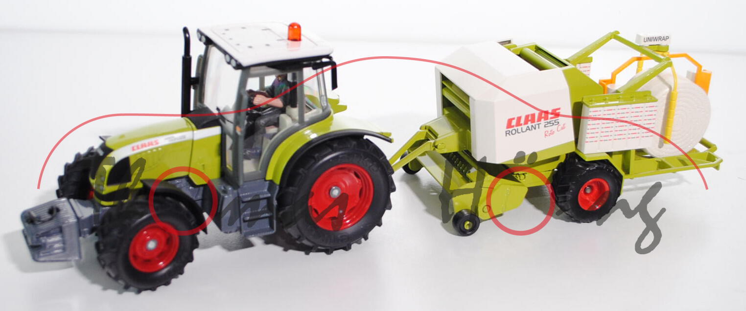 Claas Ares 697 ATZ mit UNIWRAP, claasgrün/weiß, Nummernschild GT CL 2005, mit Fahrer+Frontgewicht, W