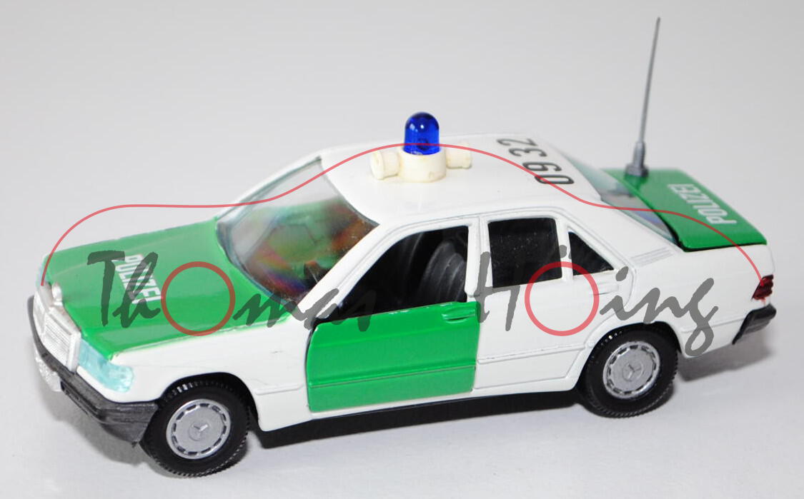 Mercedes-Benz 190 (Baureihe W 201) Polizei, Modell 1982-1988, reinweiß/gelbgrün, POLIZEI / 09 32, Tü