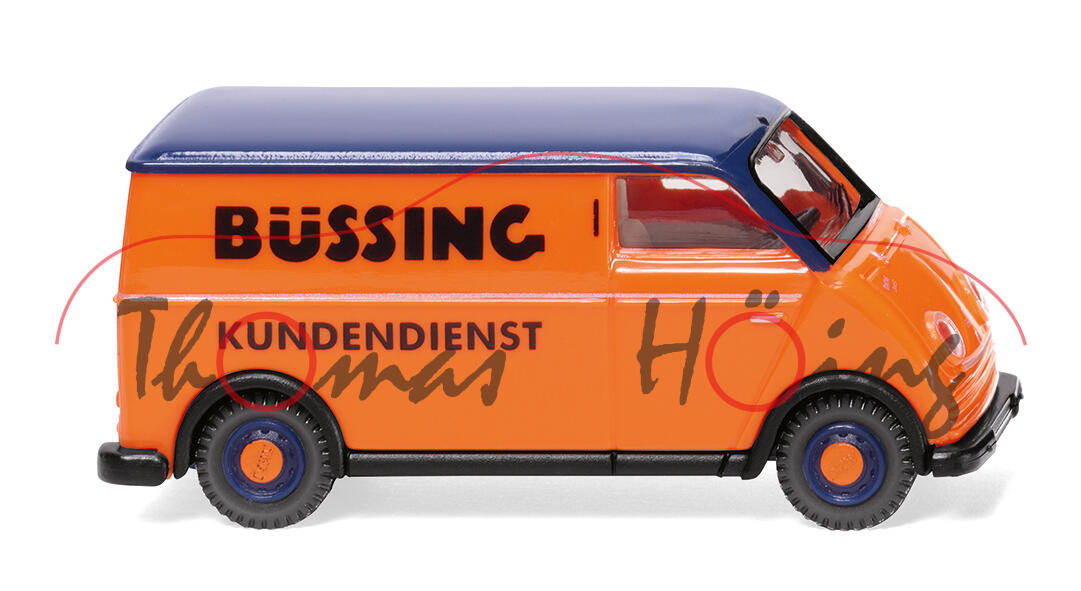 DKW-Schnellaster F 800 Kastenwagen (Typ 3, 3=6, Mod. 55-62), orange/blau, BÜSSING, Wiking, 1:87, mb