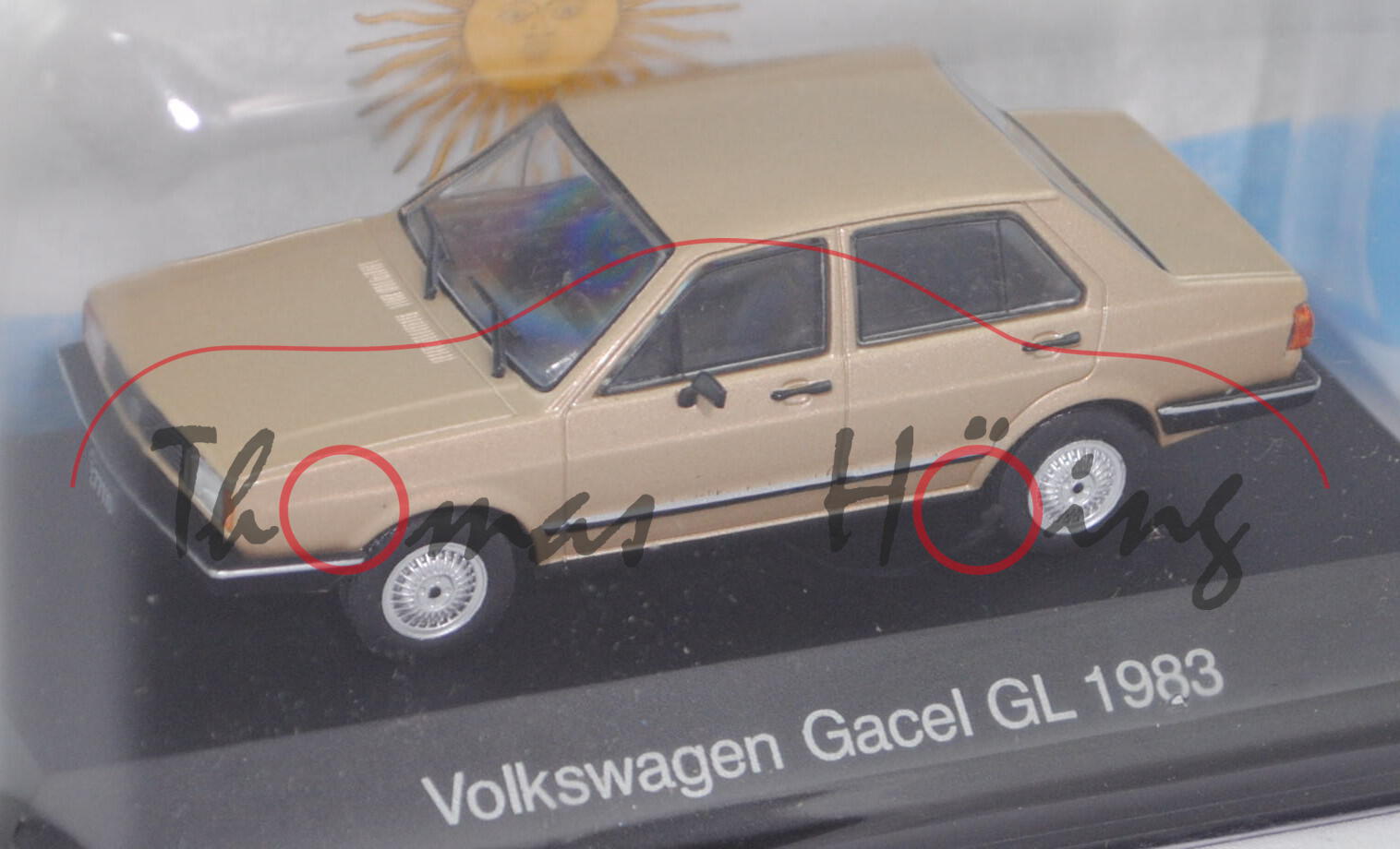 VW Gacel GL (Typ viertürige Limousine, Mod. 1983-1991), goldmet., EDITION ATLAS, 1:43, Hauben-Box